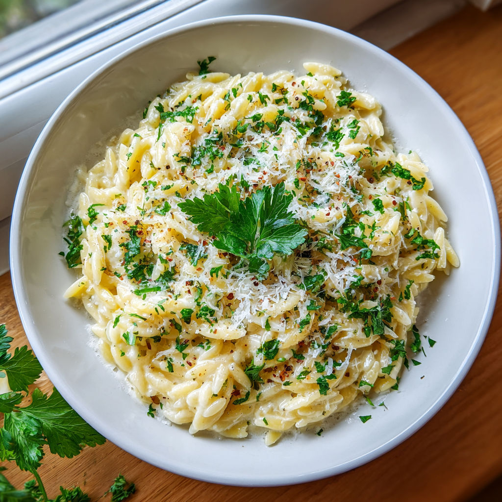 A bowl of pasta with cheese and herbs.
