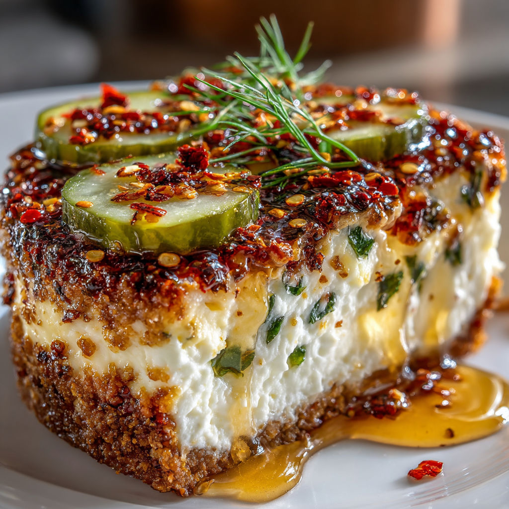 A slice of pizza with pickles and honey on top.