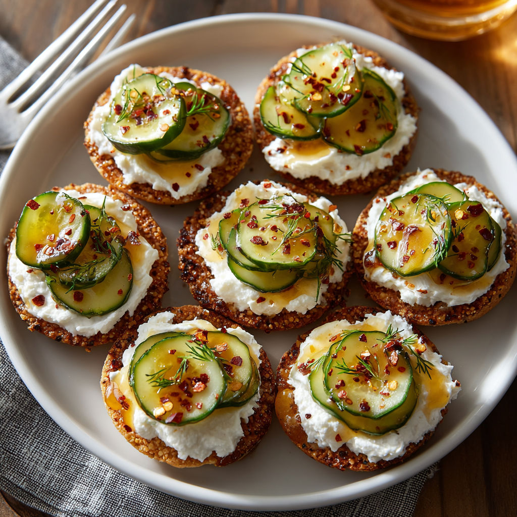 A plate of food with cucumber and cheese.