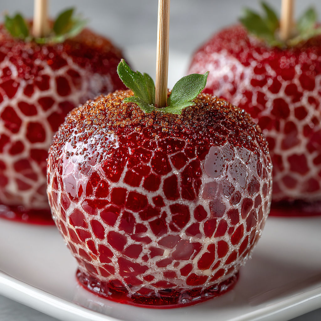 Three red and white candy apples with sticks in them.