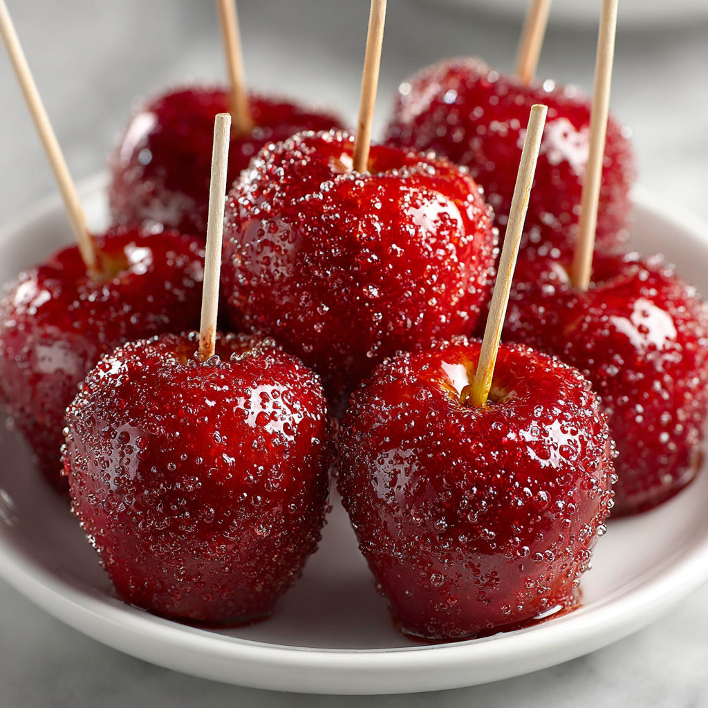 A plate of red apples with sticks in them.