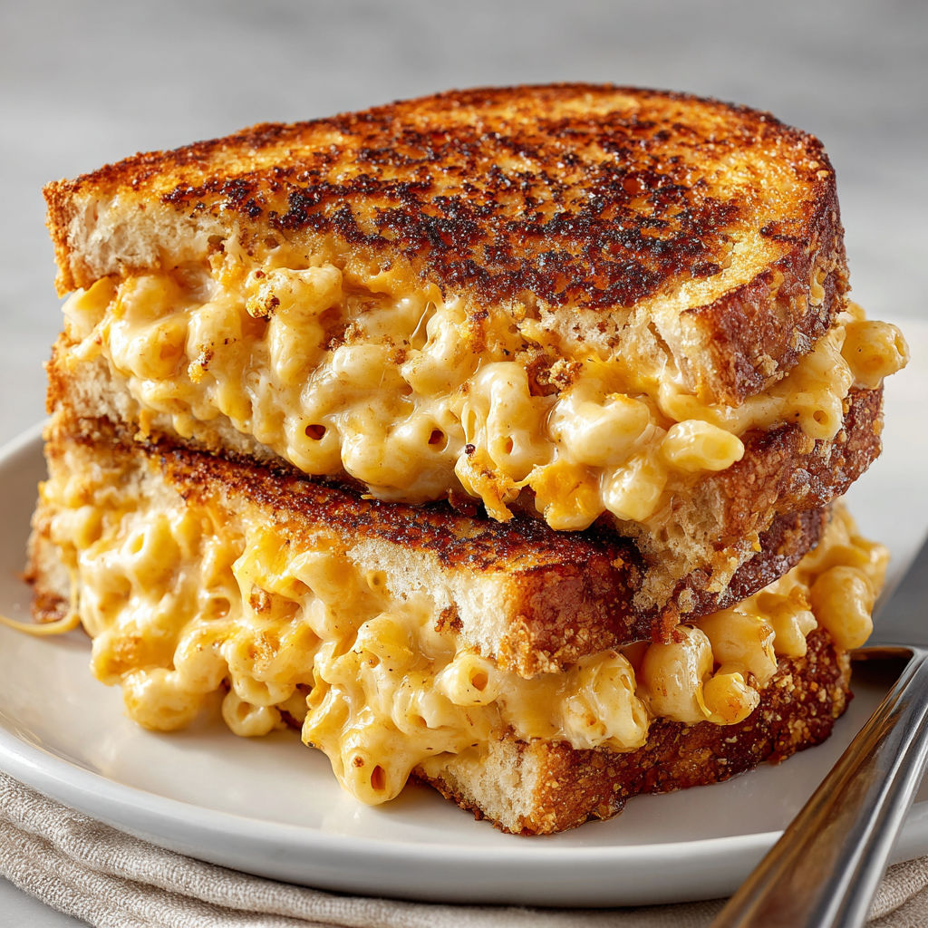 A grilled cheese sandwich with mac and cheese in the middle.