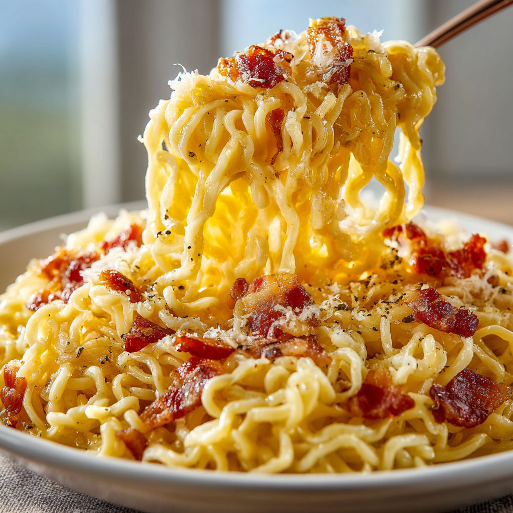 A bowl of noodles with bacon and cheese.