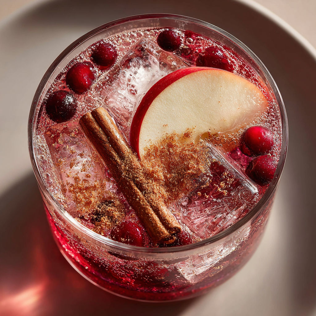 A glass of red wine with a cinnamon stick and an apple slice in it.