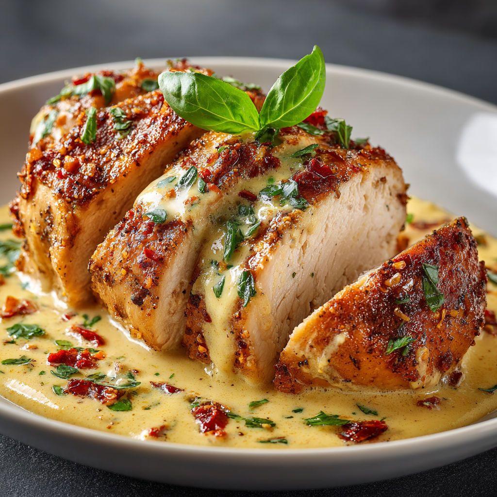 A plate of chicken with a green leaf on top.