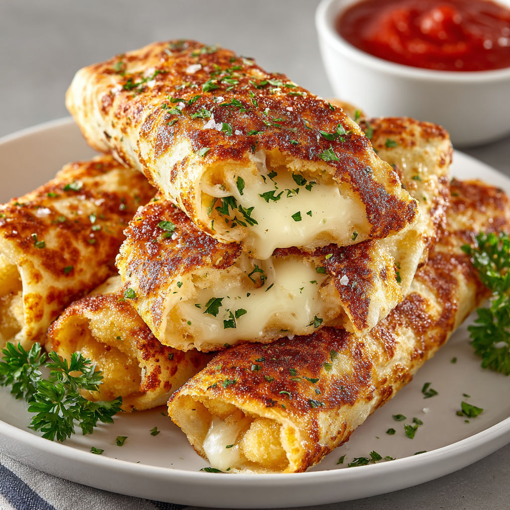 Mozzarella sticks wrapped in dough and fried in an air fryer.