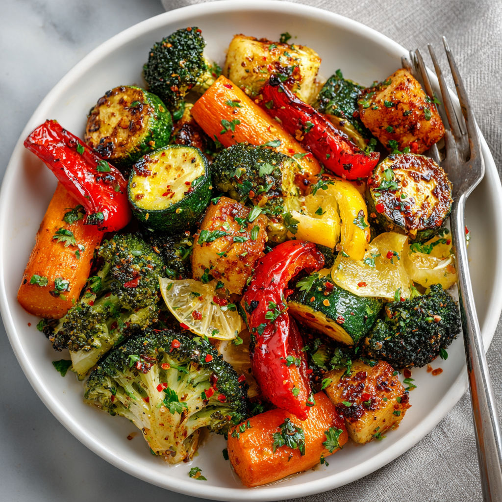 A bowl of roasted vegetables with a fork.