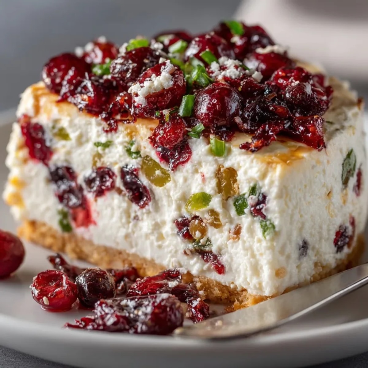 Festive Cranberry Jalapeño Cream Cheese Dip layered on a platter with crackers for holiday appetizers.