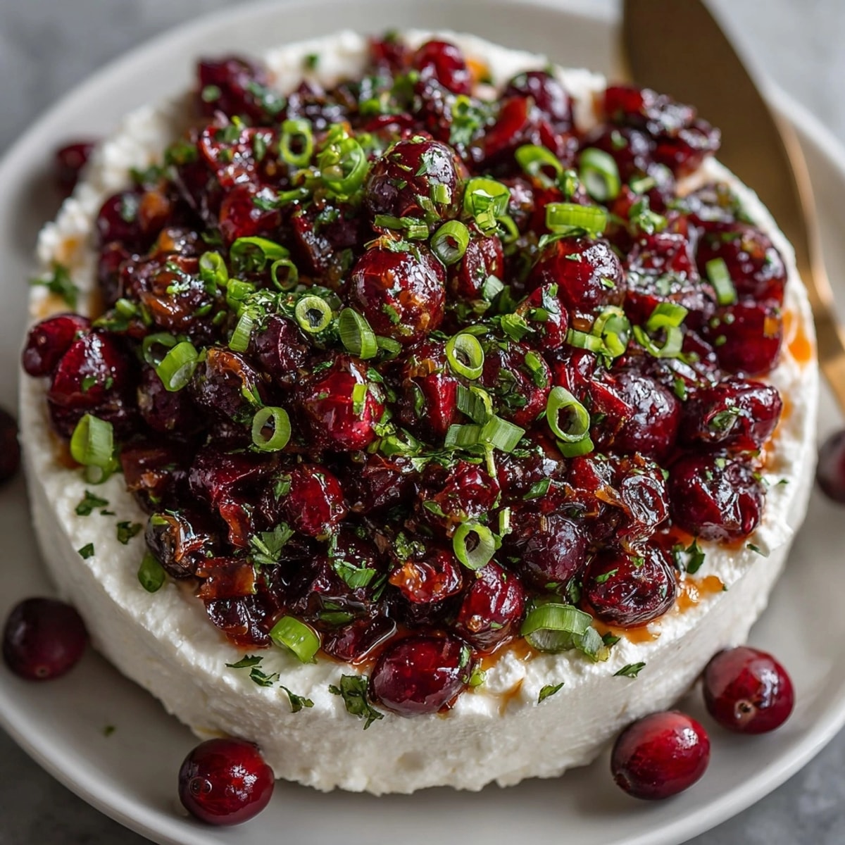 Smooth cream cheese spread with tangy cranberry jalapeño topping garnished for a colorful party dip.