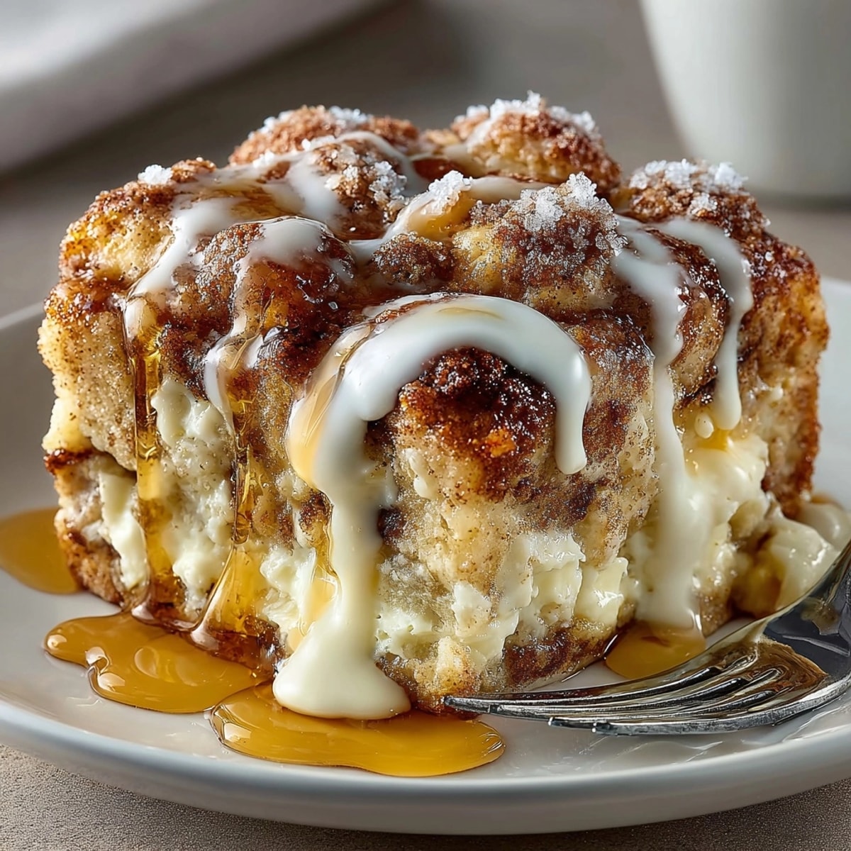 Cinnamon Roll French Toast Casserole topped with gooey icing, golden and inviting for brunch.
