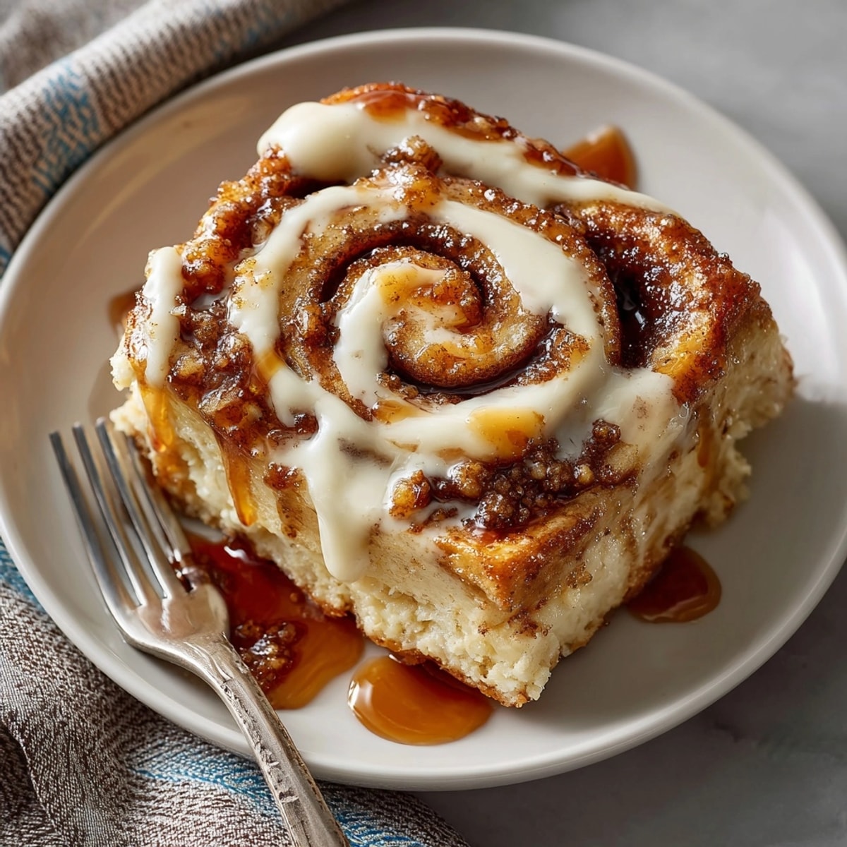A slice of Cinnamon Roll French Toast Casserole served warm, with sweet icing and soft texture.