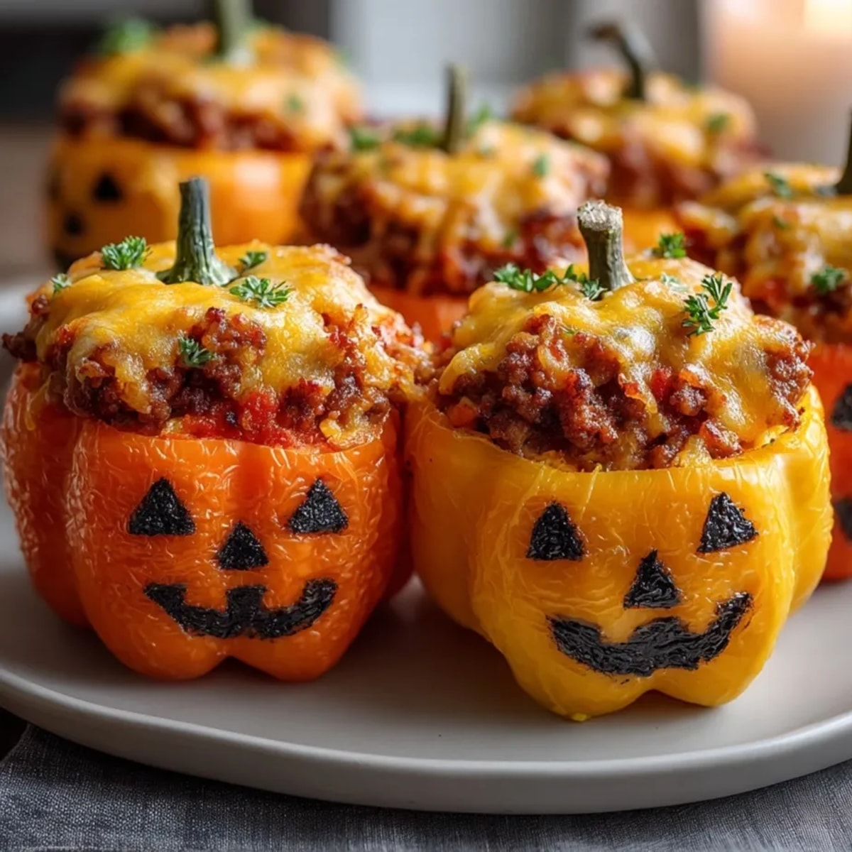 Savory Jack-o'-Lantern Stuffed Bell Peppers, filled, baked, and ready for spooky Halloween fun.