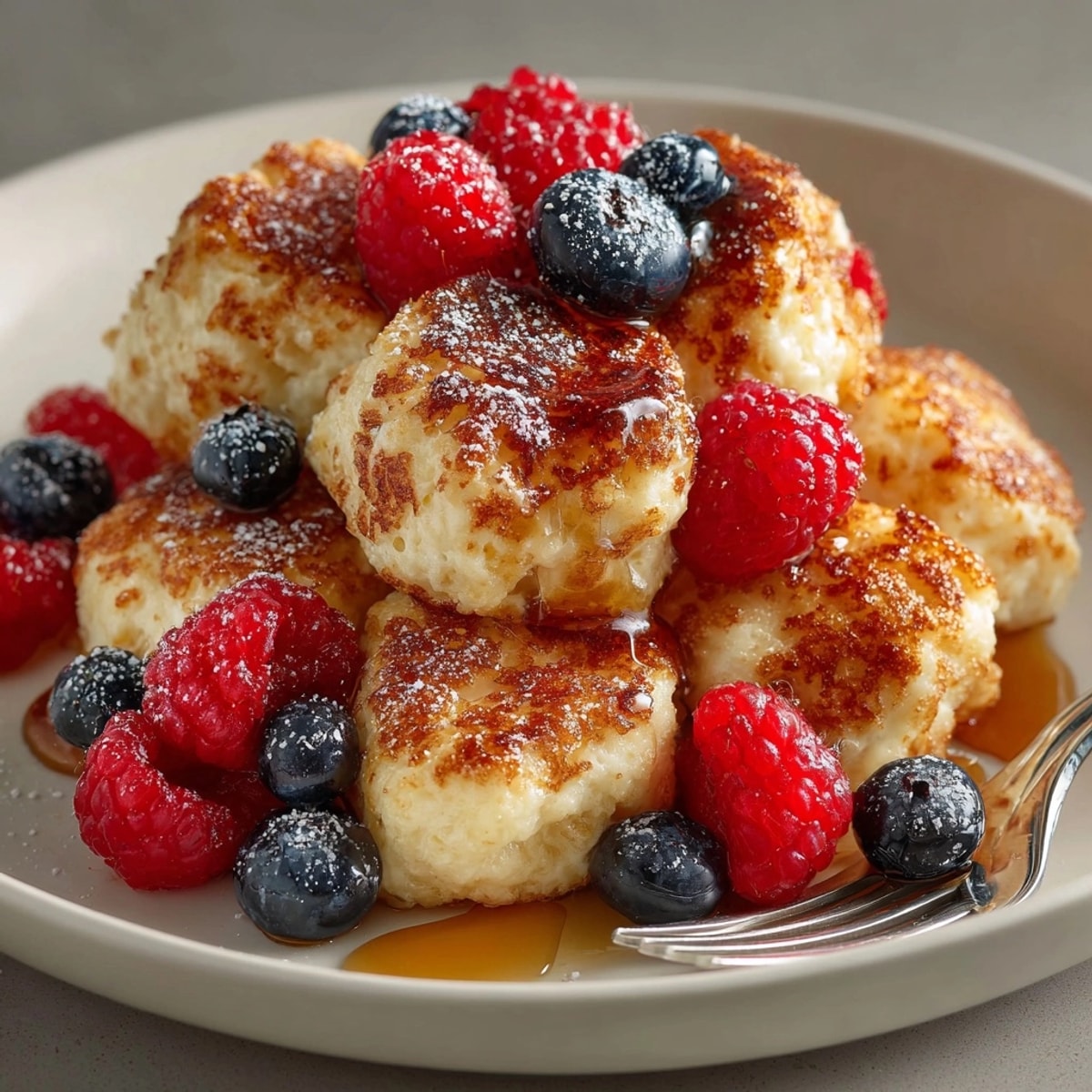 Golden scrambled pancake bites on a griddle, fluffy and ready to eat!