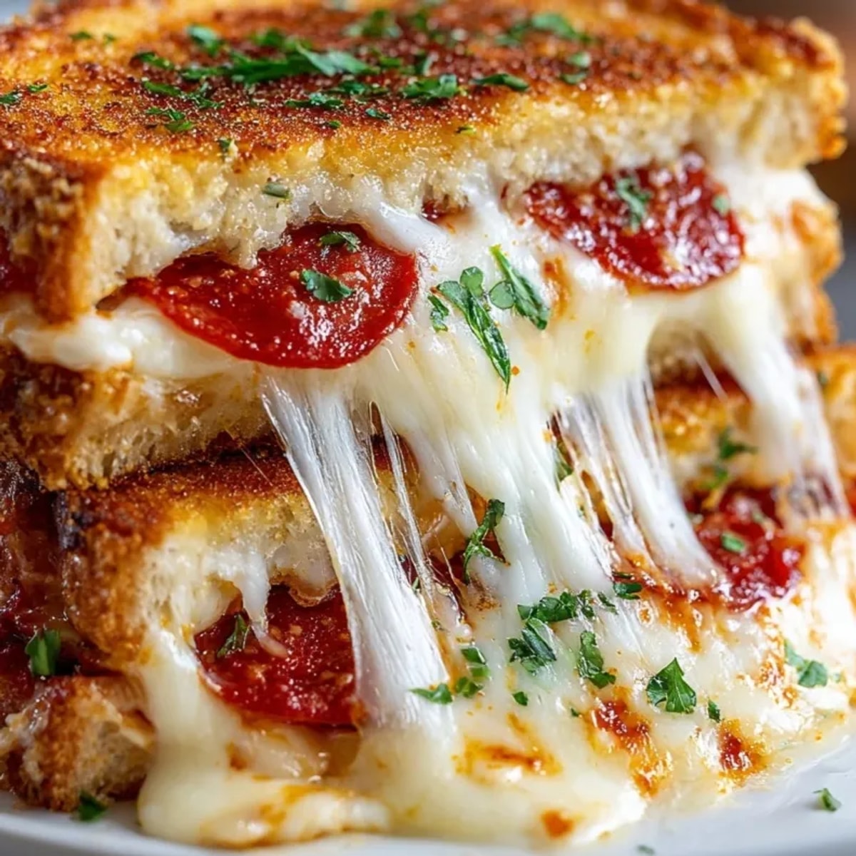 Golden Pizza Grilled Cheese with Pepperoni sizzles, a comforting sandwich oozing melted mozzarella.
