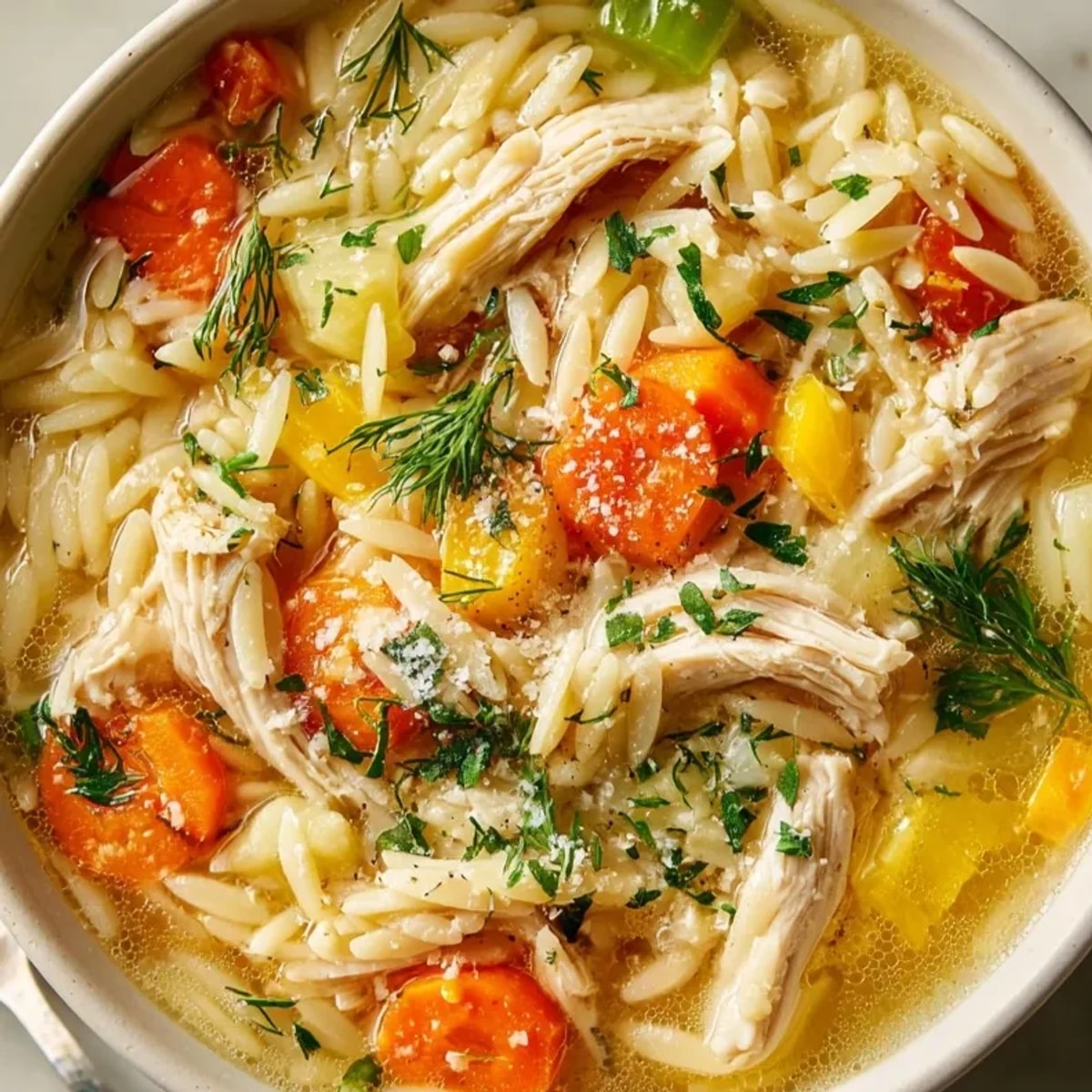 Close up capturing the bright yellow hues of Lemon Chicken Orzo Soup.