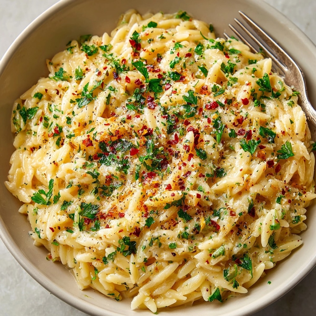 Savory Creamy Garlic Parmesan Orzo recipe – a cheesy, smooth pasta dish, quick and easy.