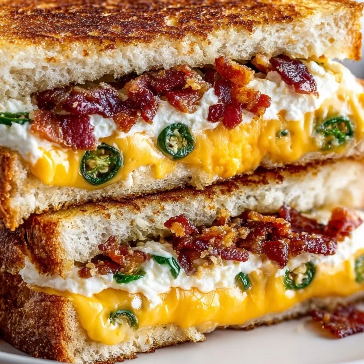 Stacked Jalapeño Popper Grilled Cheese oozing with cheeses, roasted peppers, ready to serve.