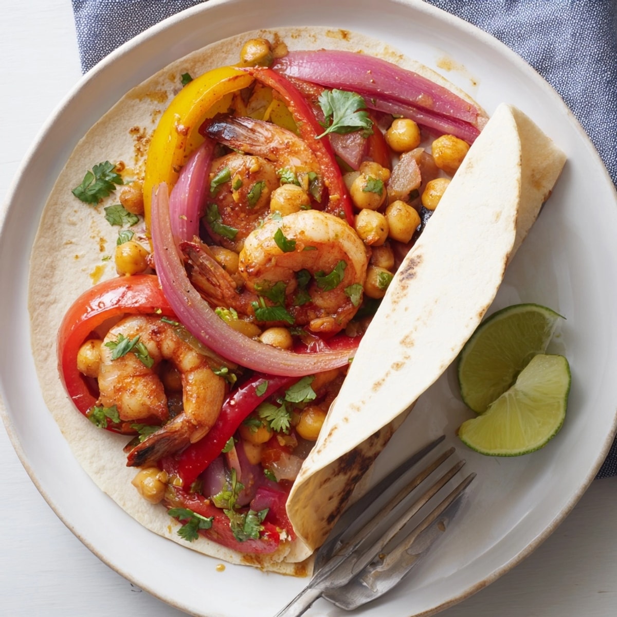 Golden Shrimp and Chickpea Sheet Pan Fajitas sizzle on the baking sheet, almost ready.