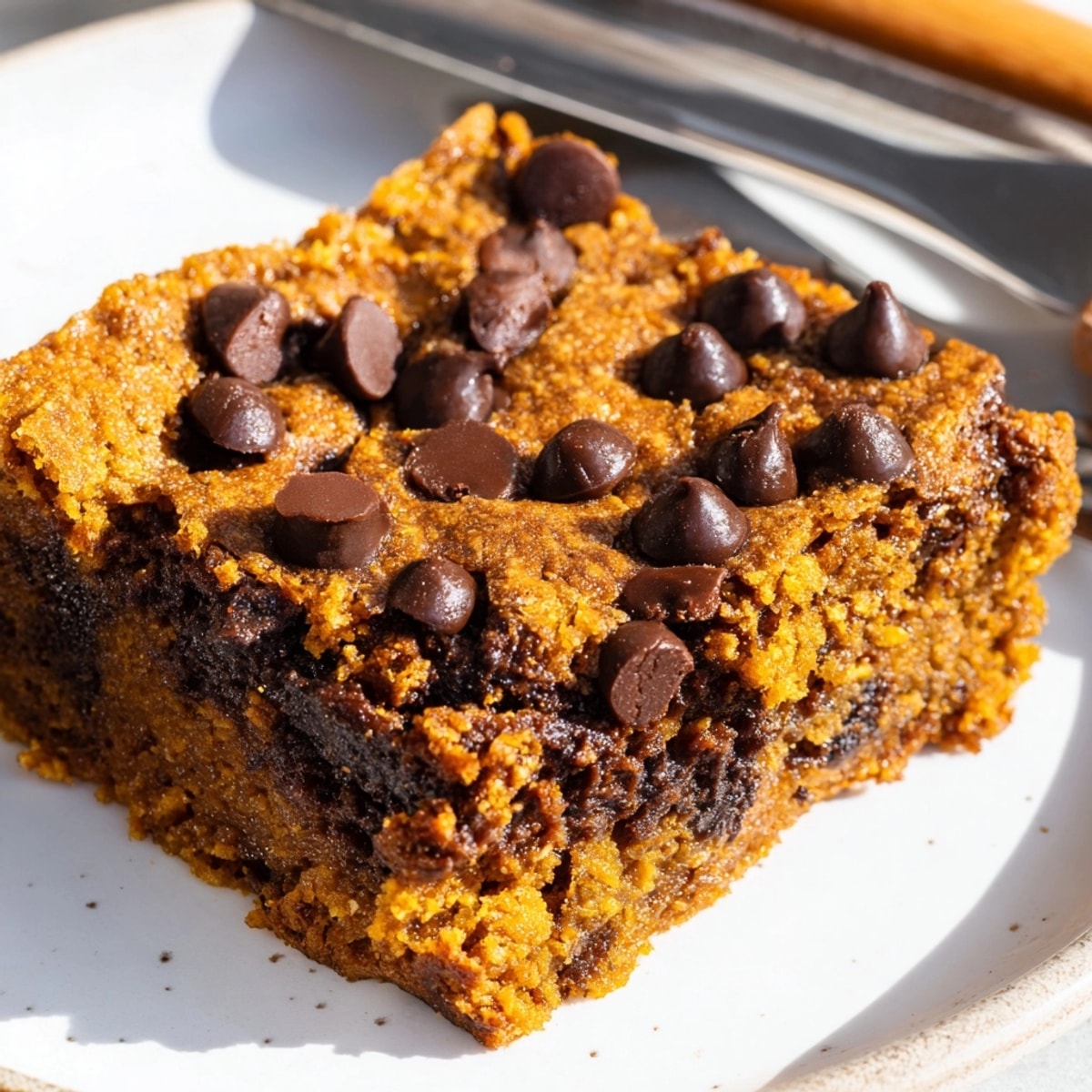 Golden Chocolate Pumpkin Chip Blondies, fresh from the oven, showcase melted chocolate goodness.
