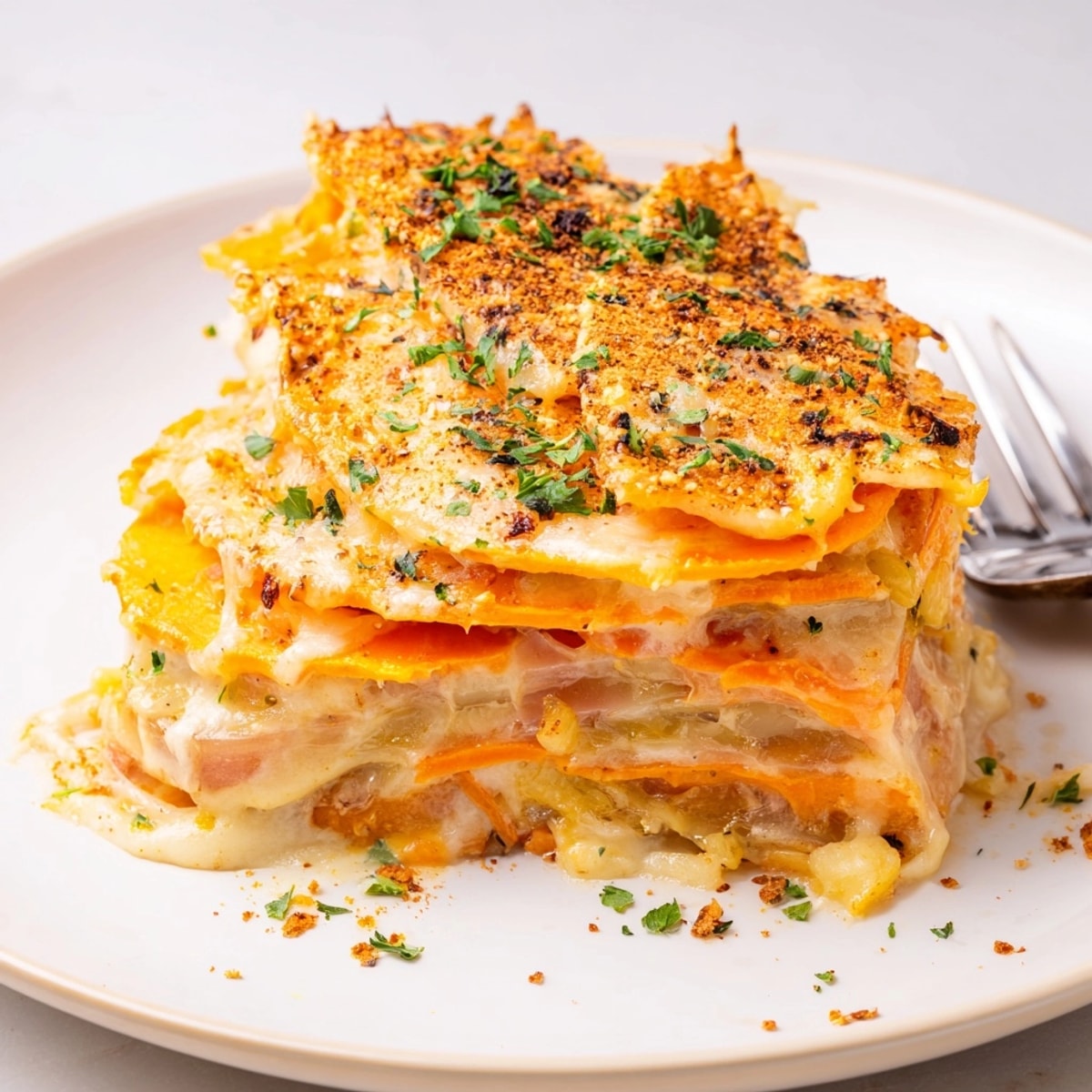 Golden brown Cajun Sweet Potato Gratin, bubbling with cheese, fresh parsley garnish.