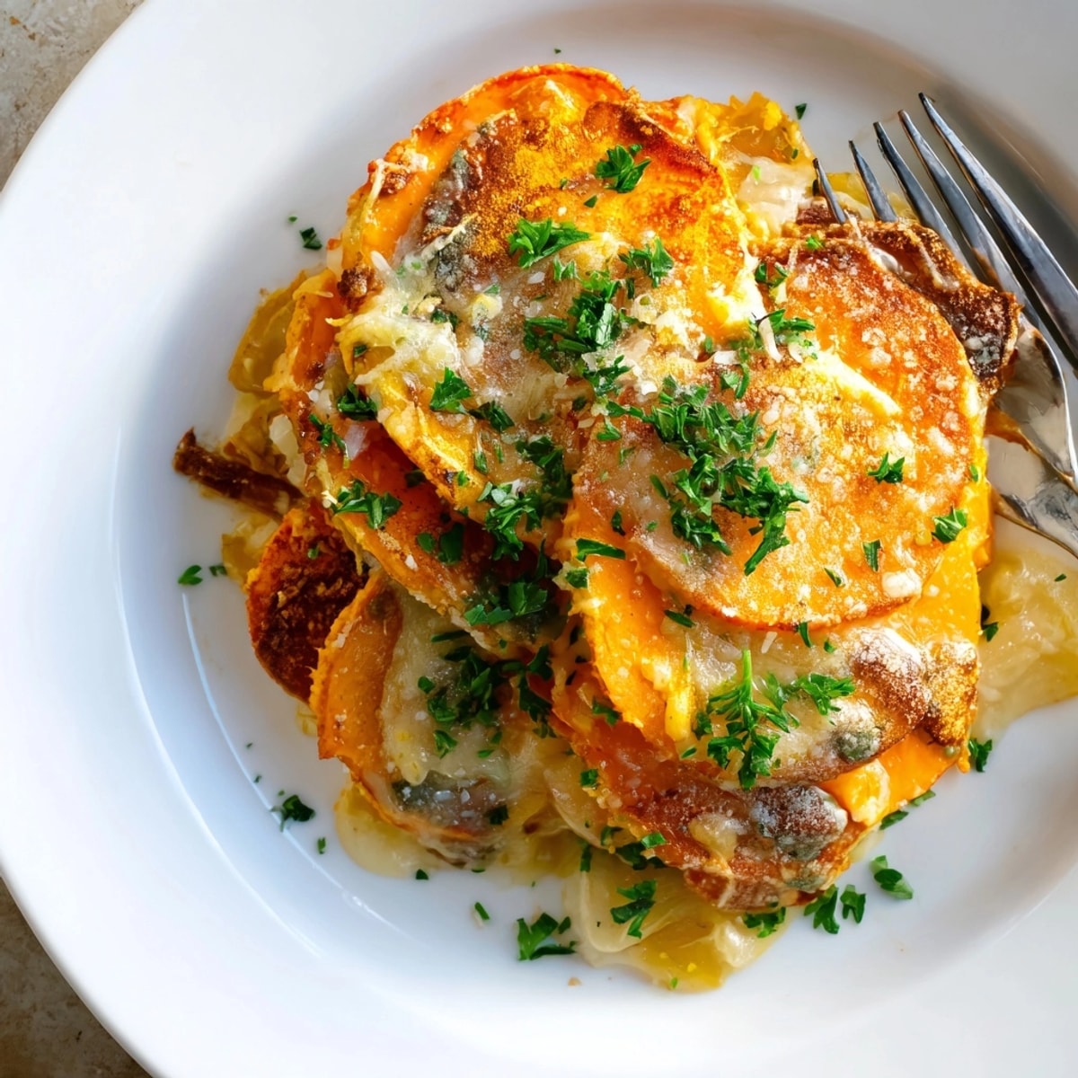 Creamy Cajun Sweet Potato Gratin layers baking in dish, savory-spiced, cheesy aroma.