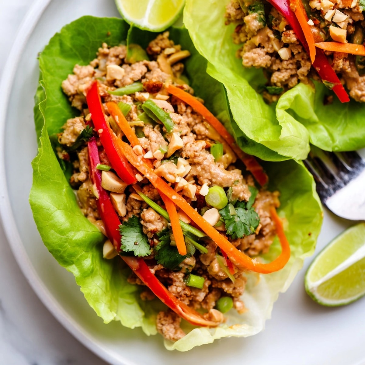 Close-up showing flavorful Thai Peanut Turkey Lettuce Wraps, glistening with a rich, peanutty sauce.