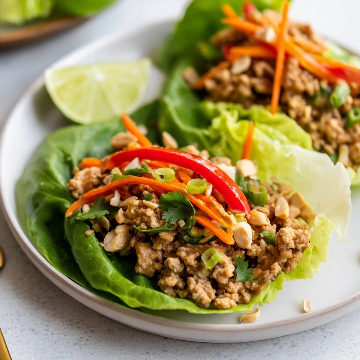Vibrant Thai Peanut Turkey Lettuce Wraps: crisp lettuce cups stuffed, ready to eat.
