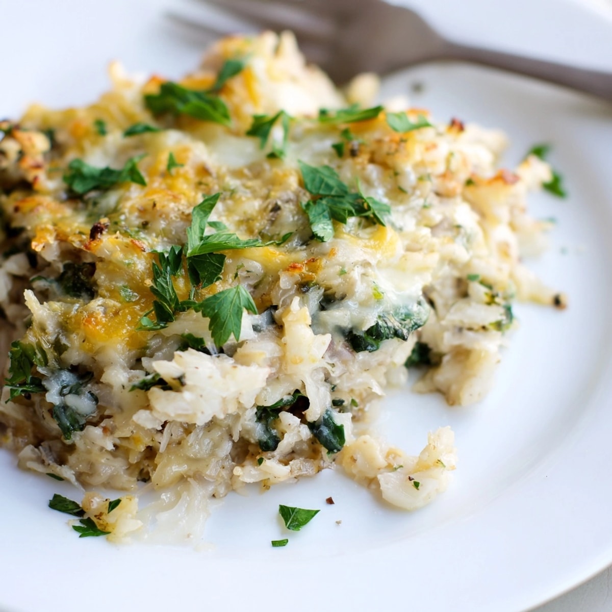Close-up of steaming Alfredo Cauliflower Rice Casserole showing tender cauliflower and melted mozzarella.