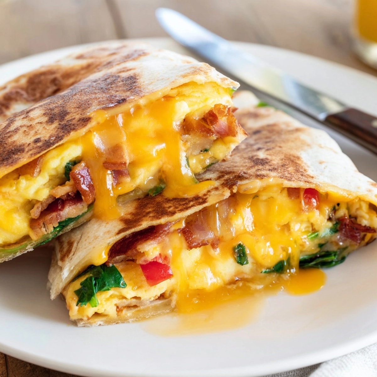 Sizzling Cheesy Stuffed Tortilla Breakfast Pockets: golden cheesy perfection, ready for a quick bite.