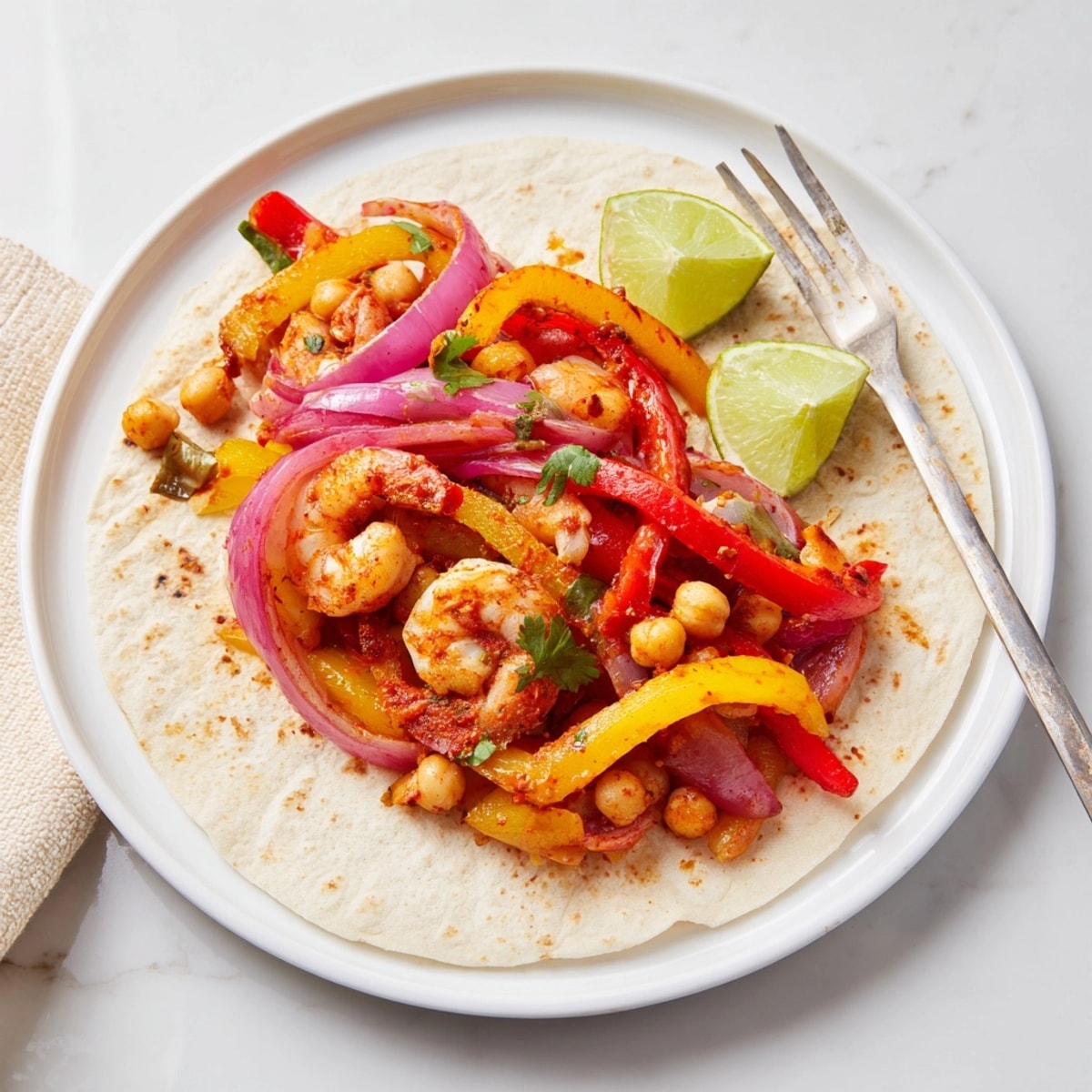 Delicious Shrimp & Chickpea Sheet Pan Fajitas filling warm tortillas, ready to enjoy.