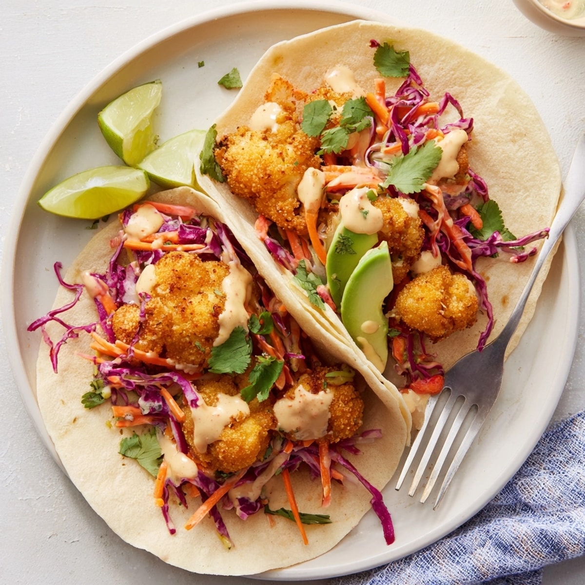 Golden-fried Tempura Cauliflower Taco Bites, stacked high with colorful slaw and creamy drizzle.