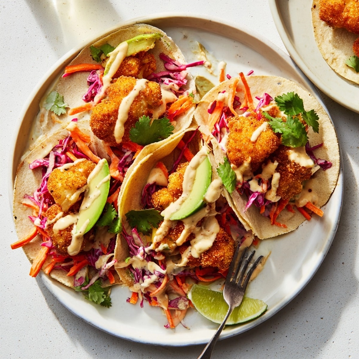Homemade Tempura Cauliflower Taco Bites on a plate, garnished with cilantro and lime.