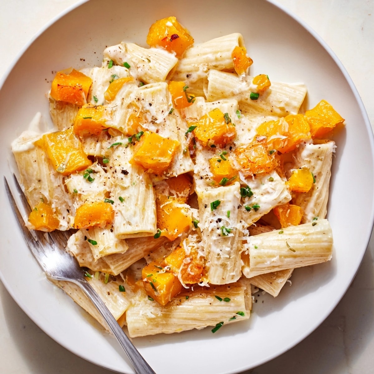 Close-up of Creamy Miso Fall Pasta, steam rising, topped with fresh herbs and cheese.