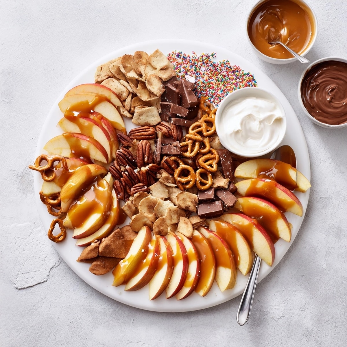 Delectable Caramel Apple Charcuterie Board: Enjoy crisp apples dipped in sweet and salty treats.