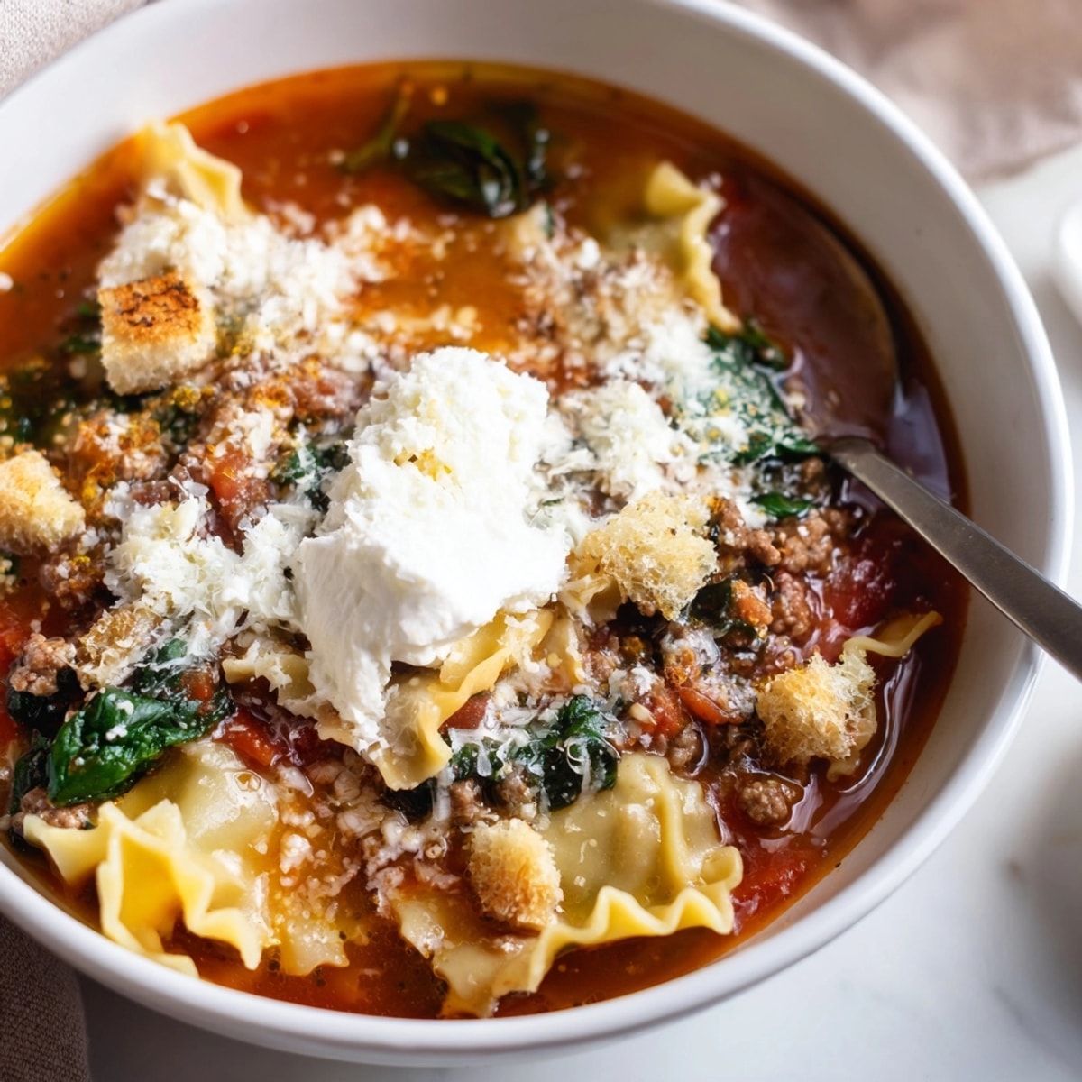 Close-up of Lasagne Soup with Roasted Garlic Croutons, rich tomato broth, cheese.