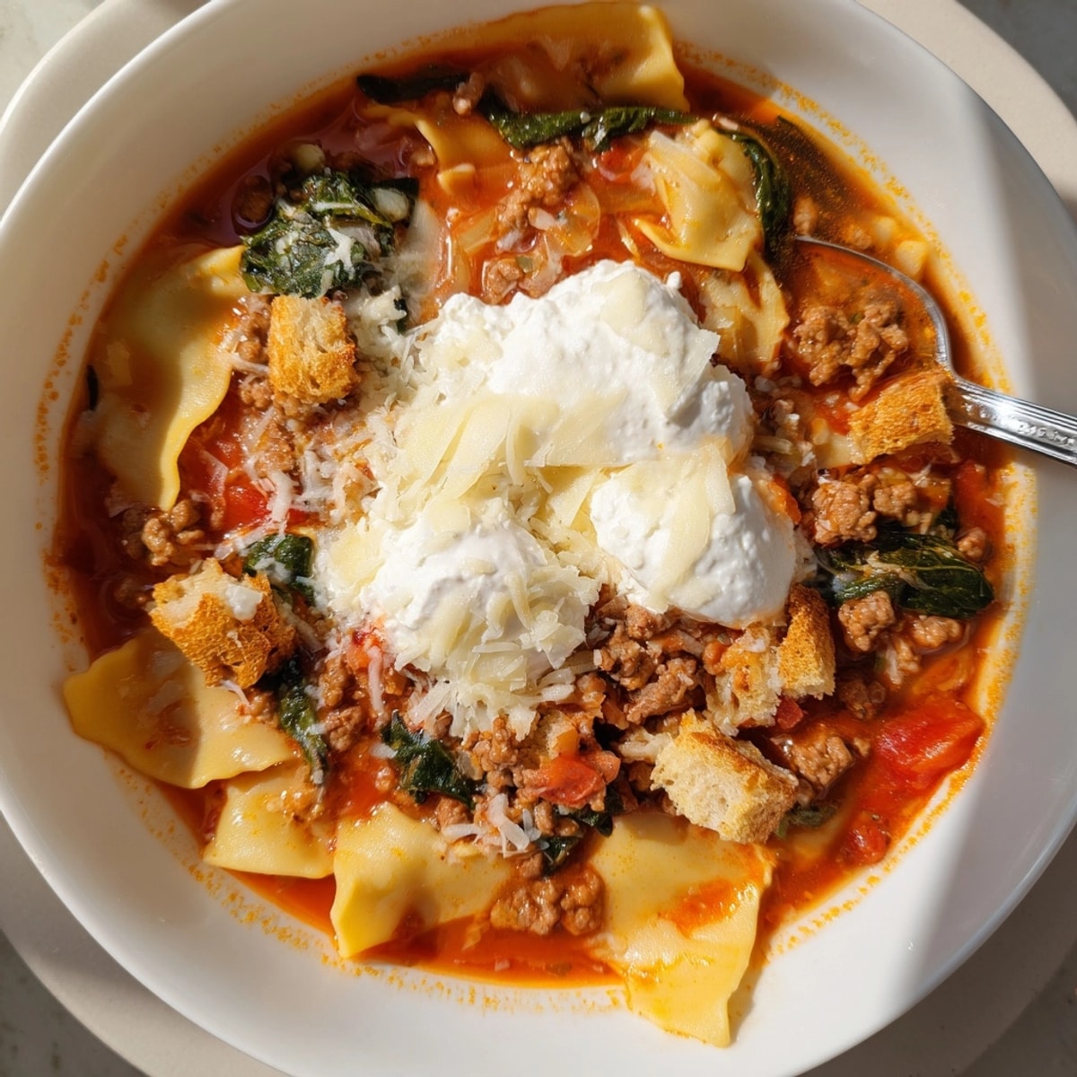 Bowl of Lasagne Soup with Roasted Garlic Croutons, enticing Italian flavors, and textures.