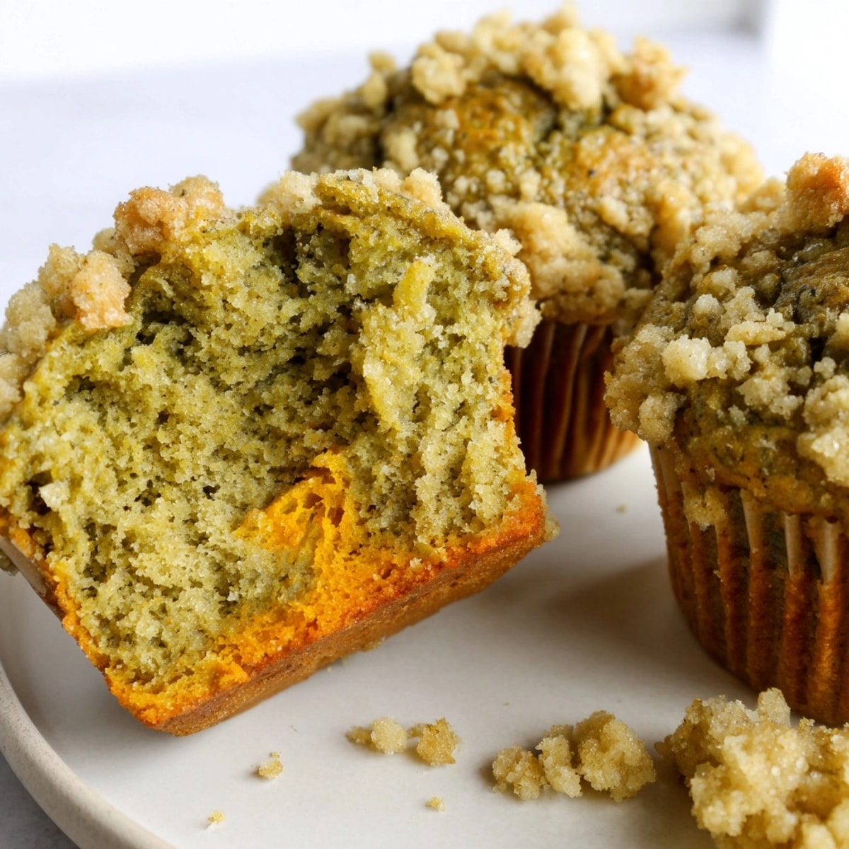 Close-up of Matcha Pumpkin Muffins with Streusel, warm from oven, tempting autumn treat.