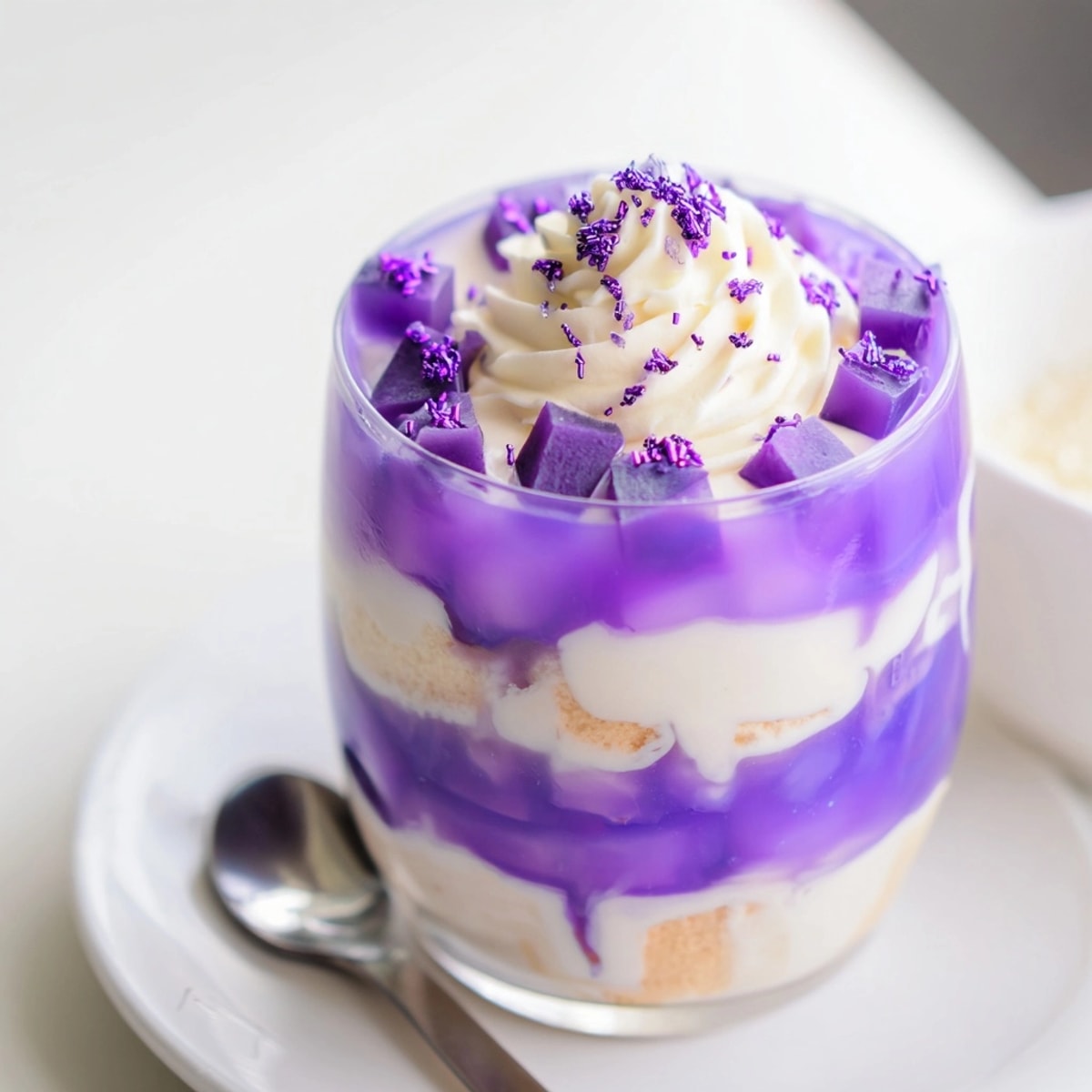 Chilled Ube Milk Jelly Trifles with whipped cream, a sweet, creamy Filipino treat.