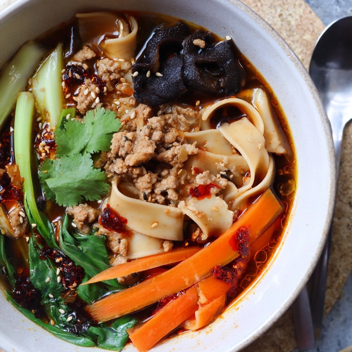 Close-up of Spicy Ramen-Inspired Lasagne Soup, bright toppings over steaming broth.