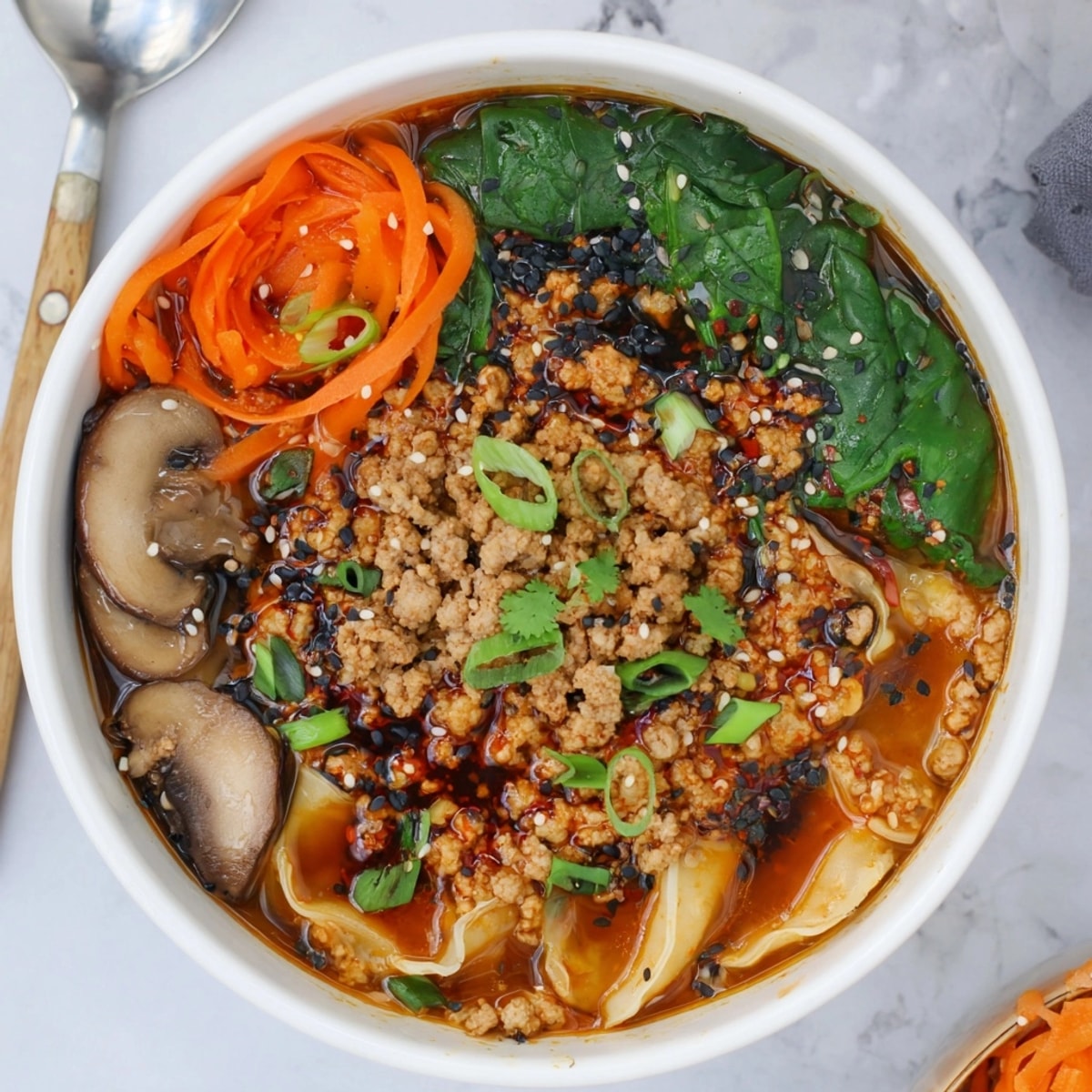 Top-down view of flavorful Spicy Ramen-Inspired Lasagne Soup garnished with spring onions.