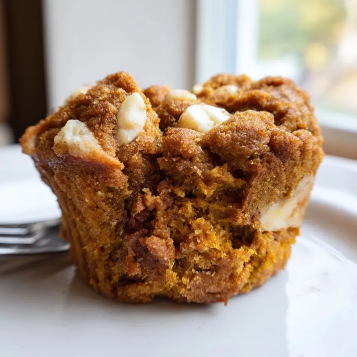 Golden-brown Pumpkin Muffins with White Chocolate Chunks, warm aroma filling a cozy kitchen.