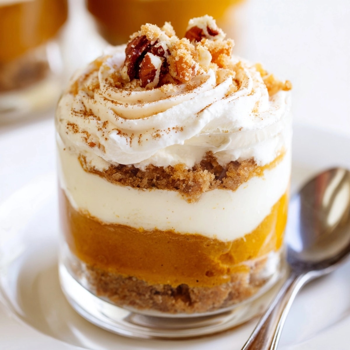 Layered Thanksgiving Dessert Shooters, individual parfaits with spiced pumpkin, creamy cheesecake, and crunchy graham.