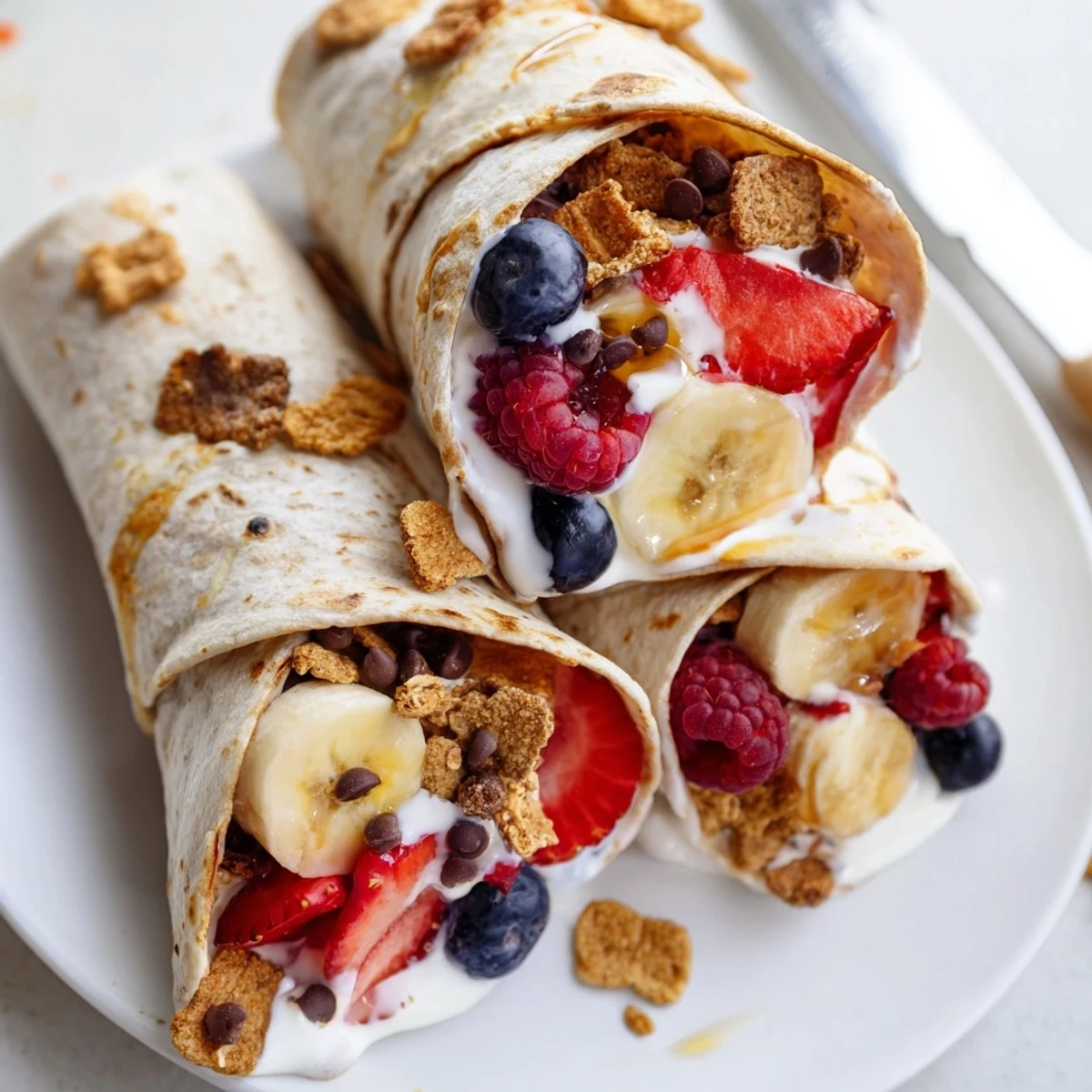 Creamy Cinnamon Toast Crunch Breakfast Wraps overflowing with vibrant berries and banana slices.