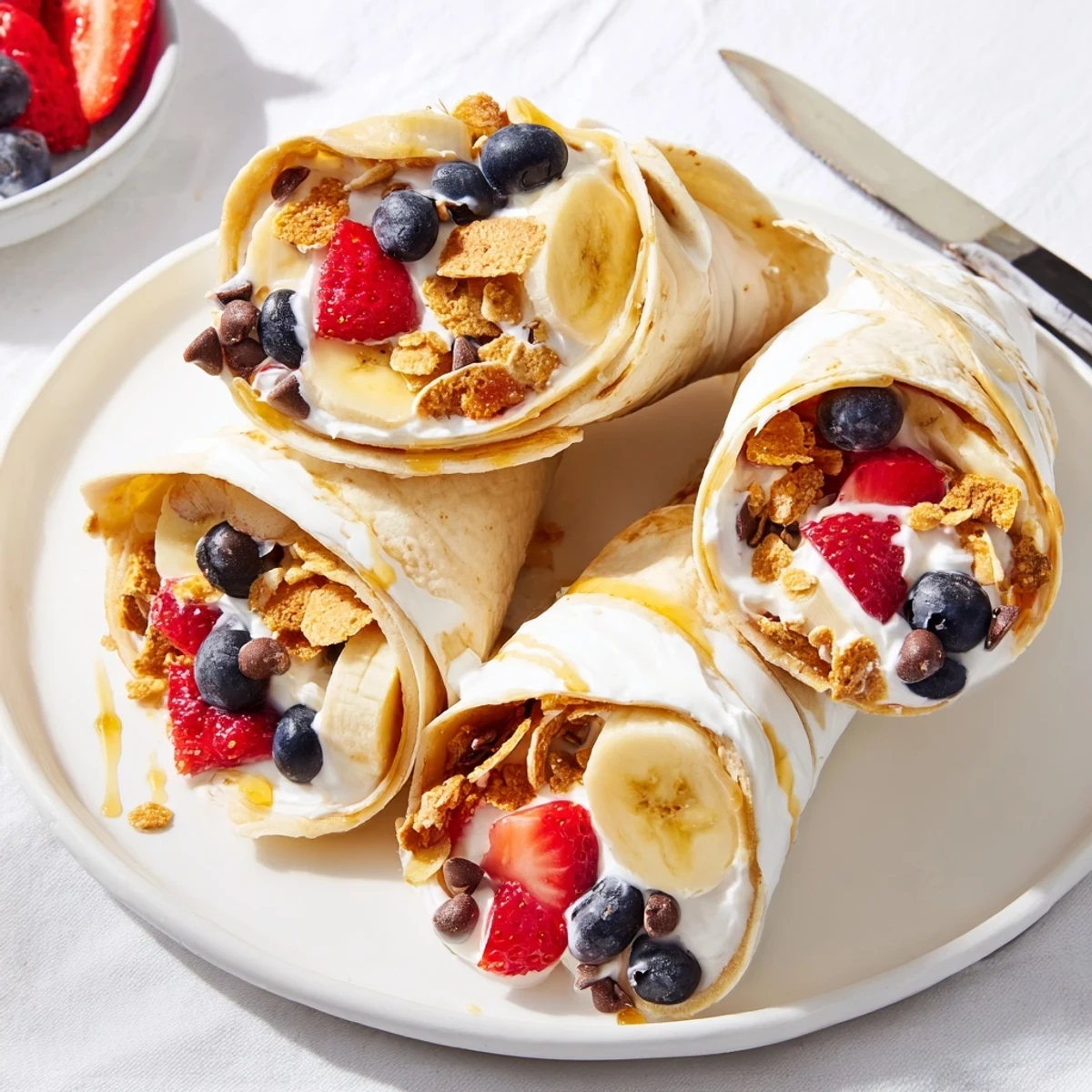 Deliciously sweet Cinnamon Toast Crunch Breakfast Wraps drizzled with honey and mini chocolate chips.