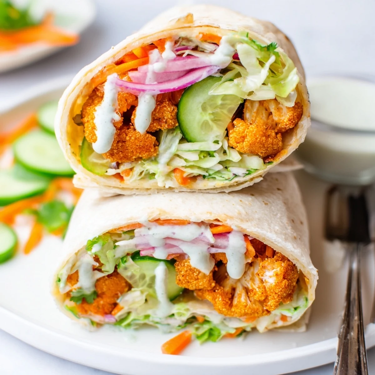 Crispy Vegan Buffalo Cauliflower Wraps piled high with fresh veggies and ranch drizzle.