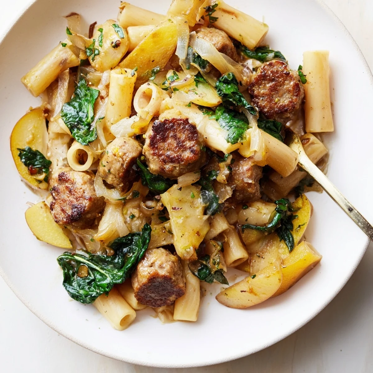 Comforting roasted apple and sausage pasta skillet, featuring tender pasta and caramelized apples.