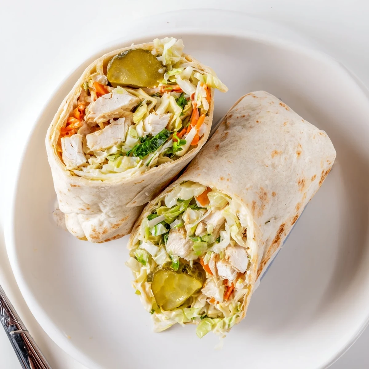 Tender BBQ chicken wrapped in soft tortilla with zesty pickle slaw garnish.