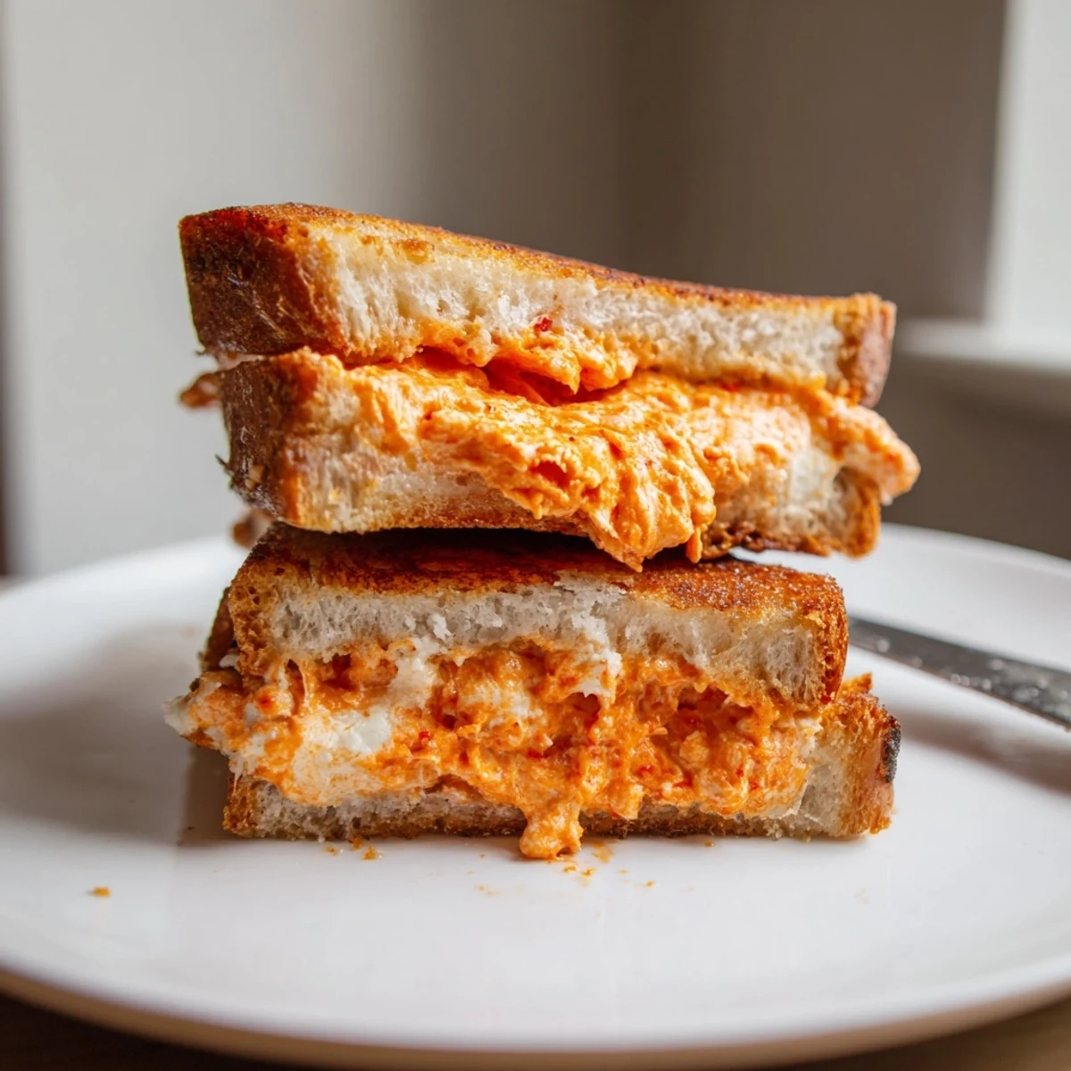 Creamy pimento cheese-stuffed grilled cheese, perfectly toasted, ready for a delicious lunch break.