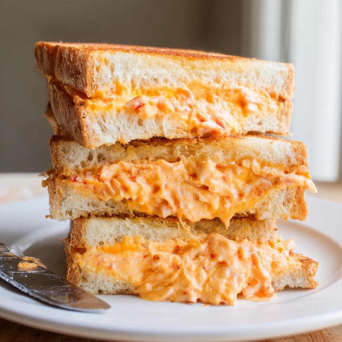 Savory pimento cheese-stuffed grilled cheese, beautifully crisp exterior with a rich filling inside.
