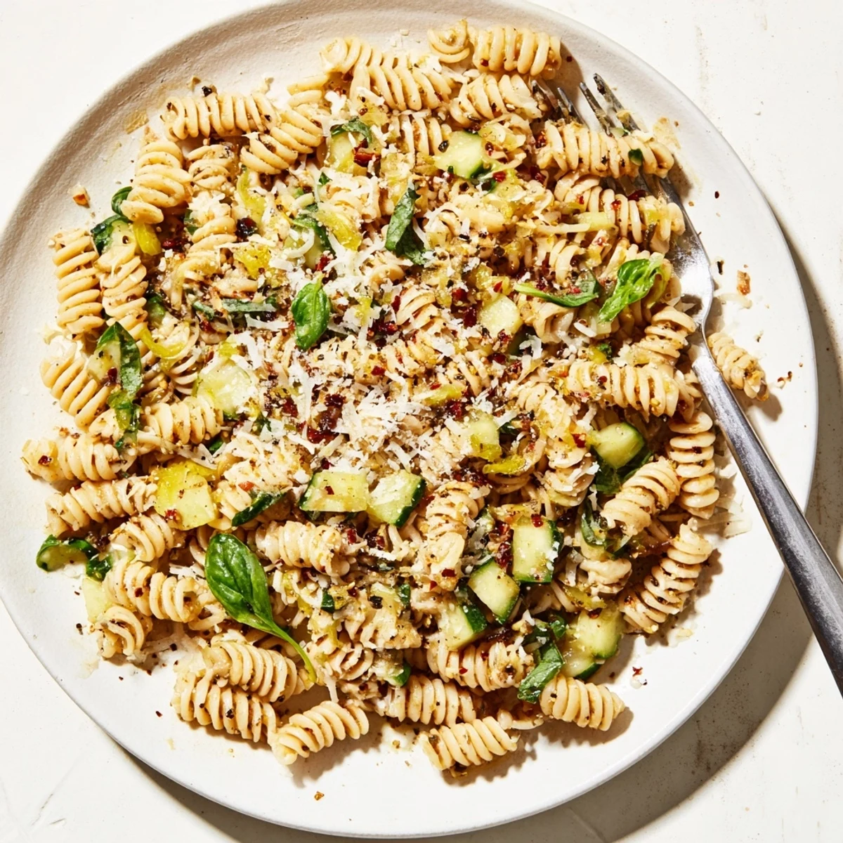 Bright Lemon Basil Pickle Pasta topped with Parmesan and fresh herbs, perfect for summer.